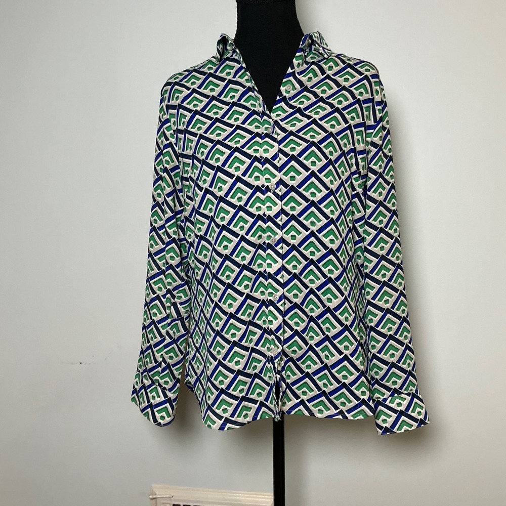 Banana Republic Petite Small Classic Fit Geometric Diamond Print Blouse Green